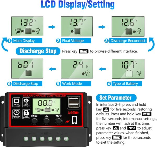 Depvko Controlador de carga solar 30A, regulador inteligente de batería de panel solar negro con doble puerto USB de 12V/24V PWM regulador de carga solar, parámetro automático, pantalla LCD ajustable - Image 3