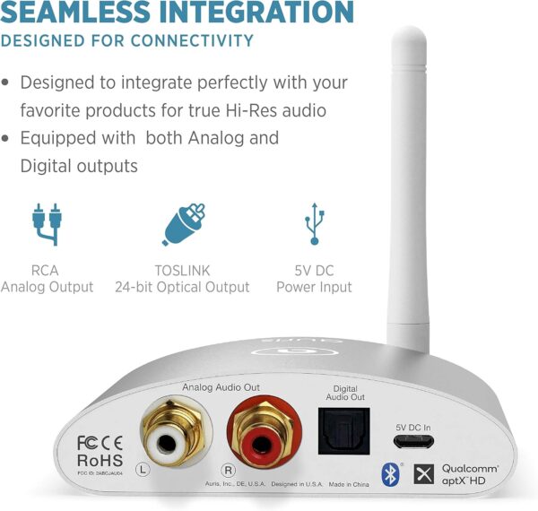 Auris Blume HD Receptor de música Bluetooth 5.0 Hi-Fi Adaptador de Audio inalámbrico con Audiophile DAC y aptX HD para Streaming a Home Stereo, Receptor AV o Amplificador estéreo - Image 7