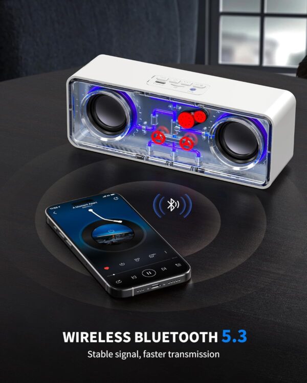 JAMELO Altavoz Bluetooth, Altavoz Portátil con Diseño Transparente, Luz de Transmisión, TWS, Tarjeta TF, AUX, Altavoz Exterior para Fiesta, Camping, Playa, Viajes, Senderismo, Blanco - Image 6