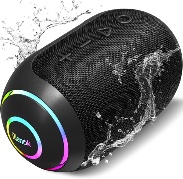 RIENOK S4 Altavoz Bluetooth Portátil Bluetooth 5.3 Potente Impermeable IPX7 Pequeño Inalámbrica Emparejamiento Estéreo Apoya Tarjeta SD Negro