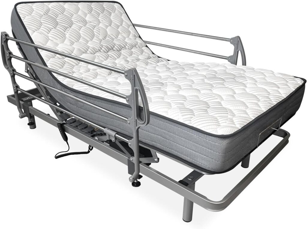 amuéblate online - Pack Cama Eléctrica Articulada Reforzada Ergotop de 5 Planos con Colchón Viscoelástico Dorsaltec + Juego Barandillas INOX, 90 x 190 cm