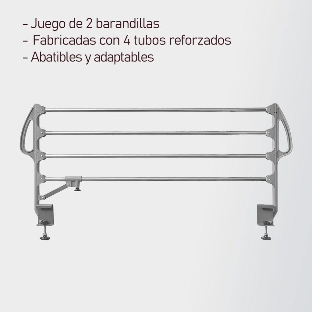 amuéblate online - Pack Cama Eléctrica Articulada Reforzada Ergotop de 5 Planos con Colchón Viscoelástico Dorsaltec + Juego Barandillas INOX, 90 x 190 cm