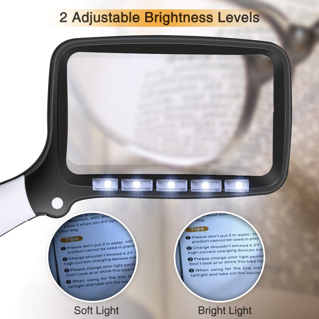 Kaome Lupa Rectangular con Lupa de luz, Grande, Plegable, de Mano, 5 LED, 2 Modos de atenuación, 2 Modos de Lectura para Personas Mayores, Libros de Baja visión, periódicos y mapas de joyería