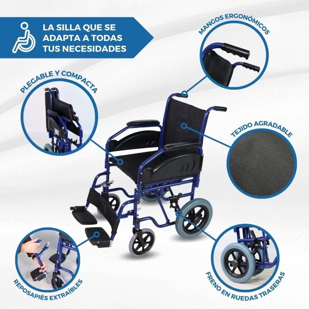 Mobiclinic®, Silla de ruedas plegable, Maestranza, Frenos de estacionamiento, Asiento de 45 cm, Reposapiés extraíbles, Reposabrazos abatibles y acolchados, Ruedas pequeñas, Resistente, Color Negro
