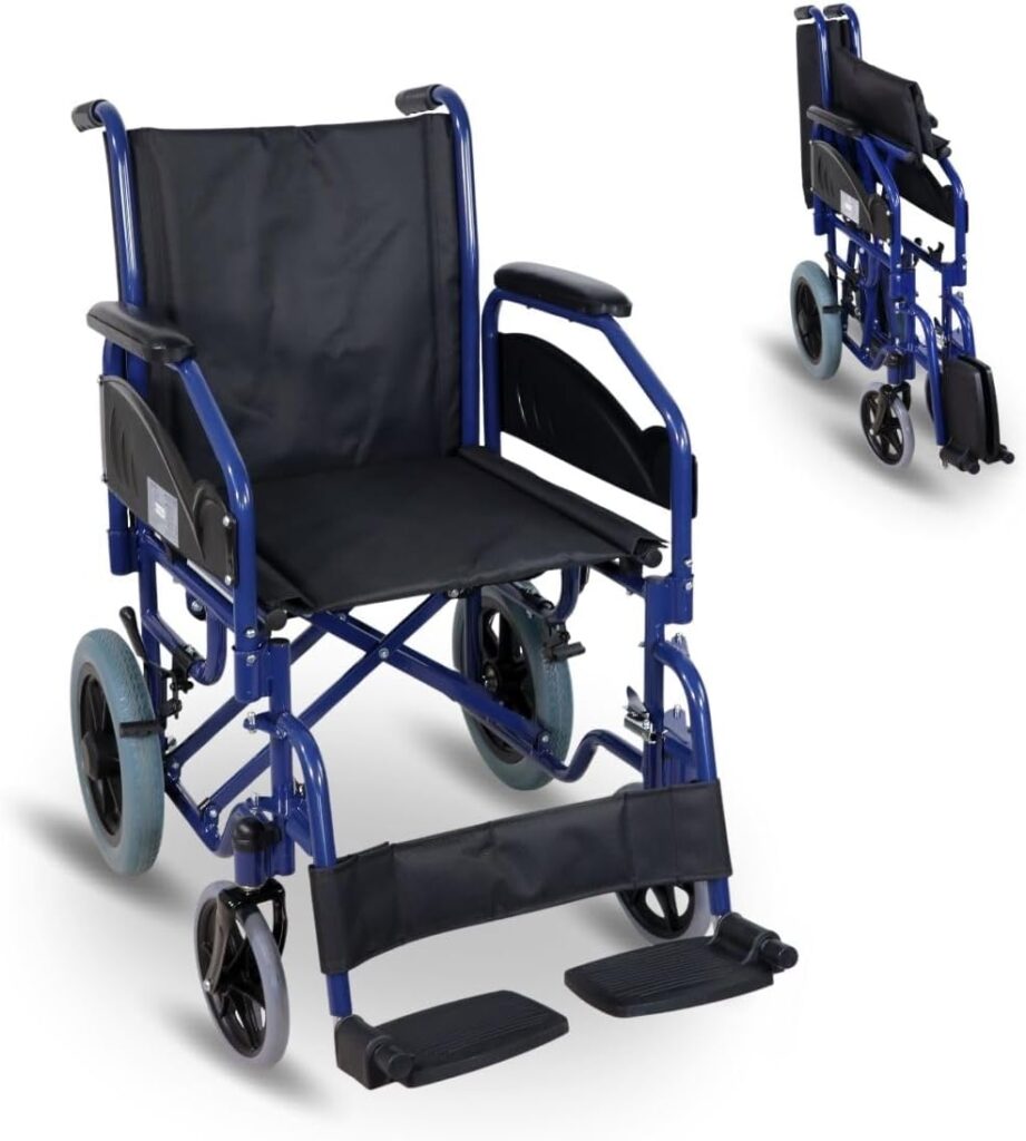 Mobiclinic®, Silla de ruedas plegable, Maestranza, Frenos de estacionamiento, Asiento de 45 cm, Reposapiés extraíbles, Reposabrazos abatibles y acolchados, Ruedas pequeñas, Resistente, Color Negro