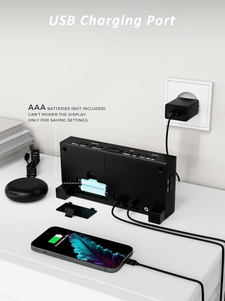 Reloj Despertador de Vibración Fuerte con Agitador de Cama para Personas Sordas, con Problemas de Audición, Personas que Duermen Mucho, Alarma Doble, Cargador USB, Fácil de Configurar, Atenuador