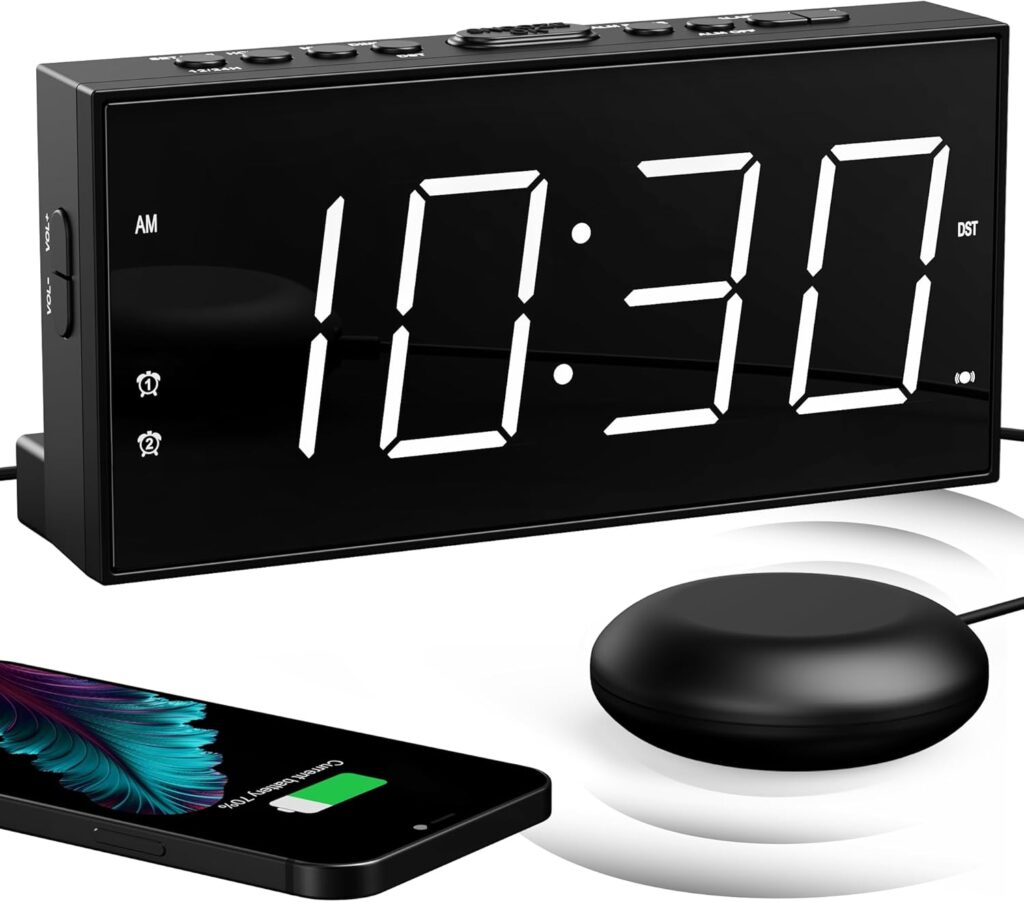 Reloj Despertador de Vibración Fuerte con Agitador de Cama para Personas Sordas, con Problemas de Audición, Personas que Duermen Mucho, Alarma Doble, Cargador USB, Fácil de Configurar, Atenuador