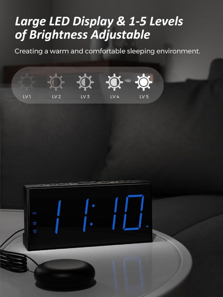 Reloj Despertador de Vibración Fuerte con Agitador de Cama para Personas Sordas, con Problemas de Audición, Personas que Duermen Mucho, Alarma Doble, Cargador USB, Fácil de Configurar, Atenuador
