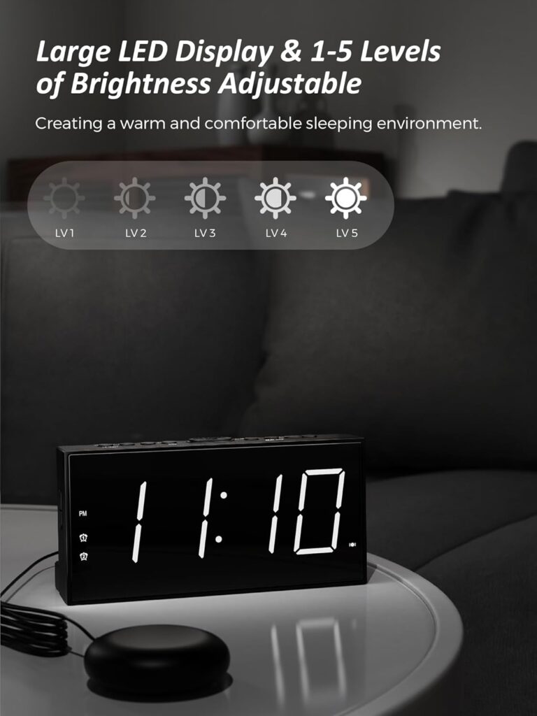 Reloj Despertador de Vibración Fuerte con Agitador de Cama para Personas Sordas, con Problemas de Audición, Personas que Duermen Mucho, Alarma Doble, Cargador USB, Fácil de Configurar, Atenuador